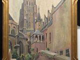 une peinture à l'huile représentant une rue de la ville avec une église en arrière-plan
