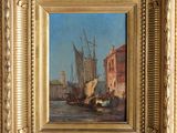 une peinture à l'huile représentant une scène de port avec des bateaux et des bâtiments