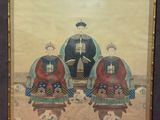 un tableau représentant trois personnes assises sur un banc