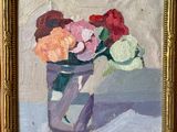 une peinture de fleurs dans un vase sur une table