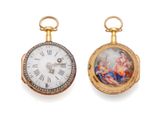 two clocks that are sitting side by side on a white surface
