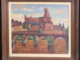 a painting of a bridge over a river with a castle in the background