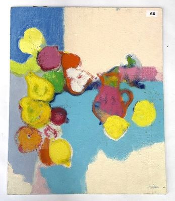 une photo d'un tableau représentant des fruits et des fleurs posés sur une table