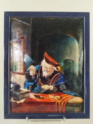 tableau représentant un homme assis à une table avec un verre de vin