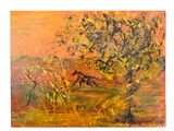 une peinture à l'huile représentant un cheval galopant dans un champ bordé d'arbres