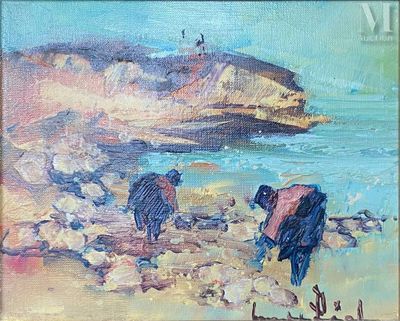 painting of a couple of cows on a rocky beach near the ocean