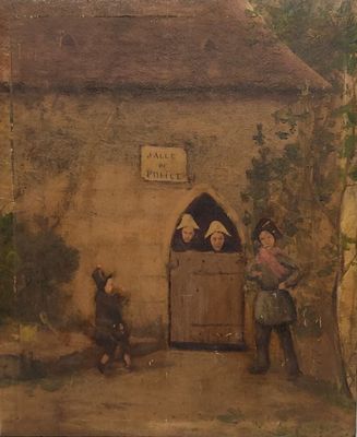 tableau représentant un groupe de personnes debout devant un bâtiment