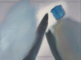 an oil painting of two blue and white objects on a white surface