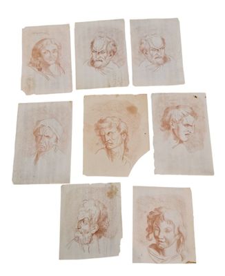 une série de six dessins représentant des personnes, réalisés sur du papier ancien