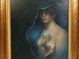 un tableau représentant une femme tenant un chat dans ses mains