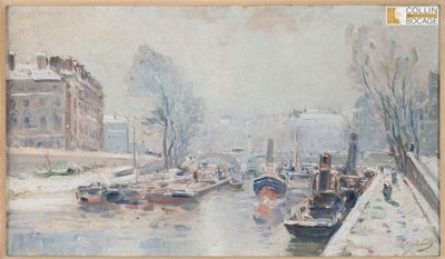 un tableau représentant des bateaux sur l'eau sous la neige