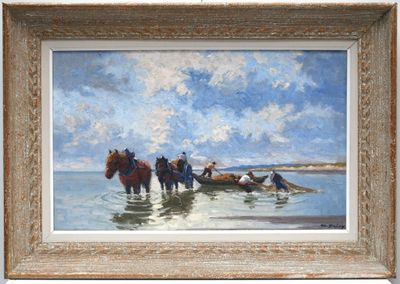 a painting of horses pulling a boat in the water
