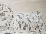 a black and white drawing of a man riding a horse