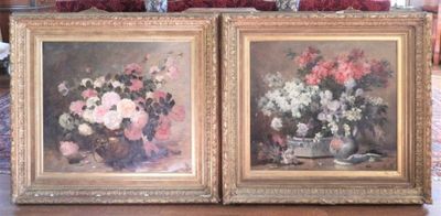 two paintings of flowers in a vase on a table
