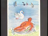 tableau représentant un homme assis sur une plage, avec un cygne en arrière-plan