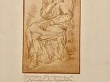 un vieux dessin représentant un homme assis sur une chaise, la main posée sur le menton
