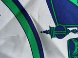 a close up of a scarf with a green and blue design on it