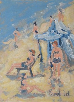 une peinture à l'huile représentant un groupe de personnes sur une plage