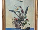 an oil painting of a vase of flowers on a table