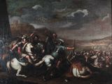 tableau représentant un homme à cheval attaqué par un groupe d'hommes