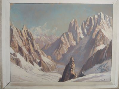une image d'un tableau représentant une chaîne de montagnes dans la neige