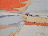 une peinture à l'huile représentant un tableau représentant un ciel orange et bleu