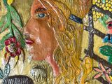a picture of a painting of a woman in a garden