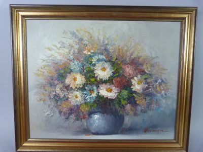 a painting of flowers in a blue vase on a table