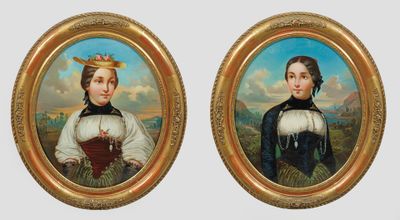 une paire de portraits miniatures représentant une femme et un homme dans un paysage