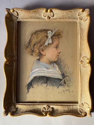 portrait of a young girl in a striped dress in a gold frame