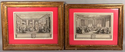 two framed pictures of a dining room with a table and chairs