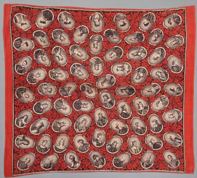 une image représentant une écharpe rouge et blanche sur laquelle figurent des portraits de personnes