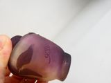 une main tenant une bouteille en verre violette sur laquelle est représenté un oiseau