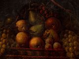 a painting of a basket of fruit with grapes and pomegranates