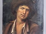 painting of a man with a hat and a white shirt