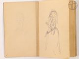 an open book with a drawing of a woman in a dress