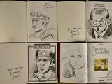 several sketches of a man and a woman with glasses on a table