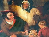 painting of a group of people and a dog in a wooded setting
