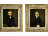 pair of portraits of a man and a woman in black clothing