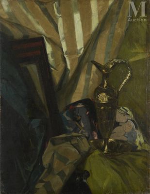 an image of a painting of a silver vase on a table