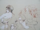 a drawing of a woman and two children in a room