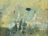 painting of a group of people with umbrellas in a field