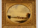 une peinture à l'huile représentant une scène fluviale avec du bétail paissant dans l'eau