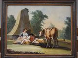 a painting of a woman and a cow in a field