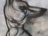 painting of a woman in a black and white dress with her hair blowing in the wind