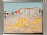 an oil painting of a farm scene with hay bales in the foreground and a house in the background