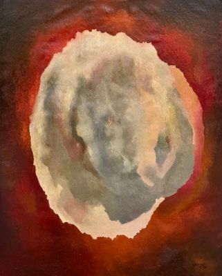une peinture à l'huile représentant un cercle blanc sur fond rouge