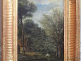 an oil painting of a wooded landscape with sheep in the foreground