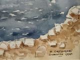 a picture of a painting of a person on a surfboard