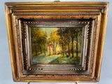 an oil painting of a wooded scene with a house in the distance